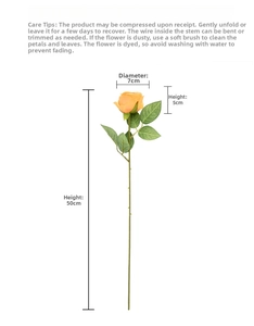 Detailed dimensions and care guide for artificial orange rose with 50cm flexible stem