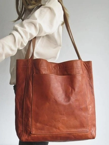 Sac fourre-tout vintage en cuir ciré marron avec grande capacité et poche frontale à l'épaule