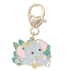 Cute cartoon grey elephant metal keychain with gold heart clasp and floral accents