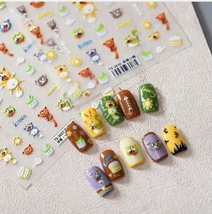 Detailed 3D embossed cat nail stickers with kitten motifs and floral elements