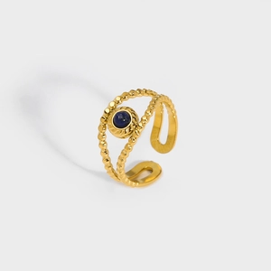Vintage 18K gold stainless steel open ring with blue stone and beaded band design
