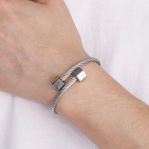Mens vintage hexagon elastic wire bracelet in silver stainless steel worn on wrist
