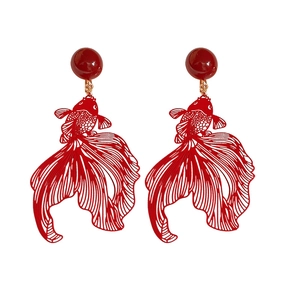 Red cutout goldfish earrings with resin beads and vintage hollow metal design