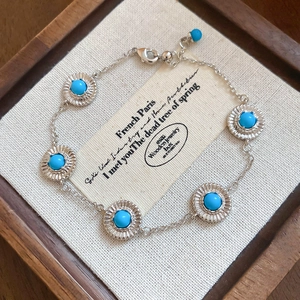 Bracelet Vintage En Alliage Style Bohème Pierres Rondes En Résine Turquoise Bordure Soleil Bijou Géométrique Pour Femmes