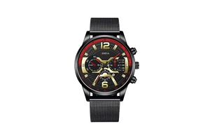 Detail of Geneva quartz watch with black mesh strap and red decorative sub-dials