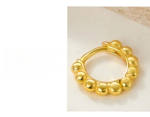 Detail of 18K gold-plated bead ring earrings showing multi-layer protective coating