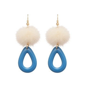 Resin teardrop earrings with fluffy pompom and golden hooks for women's winter style