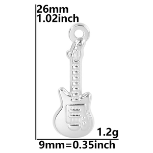 Detailed dimensions of silver guitar pendant: 26mm height and 9mm width measurement