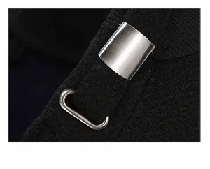 Detail of adjustable metal buckle and black twill fabric on winter hat for men