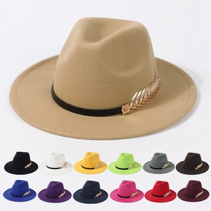 Detail view of khaki wool fedora with gold feather buckle and multiple color swatches