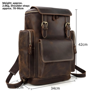 Detailed dimensions of crazy horse leather vintage backpack with size and weight labels