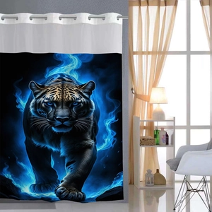 Detail view of the blue flame tiger pattern on waffle fabric shower curtain with metal rings