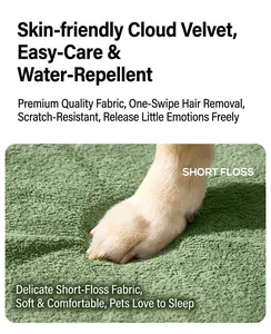 Macro detail of forest green short floss pet bed fabric with splash-proof texture