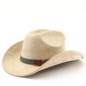 Detailed side view of khaki faux suede cowboy hat with charcoal band and metal ring