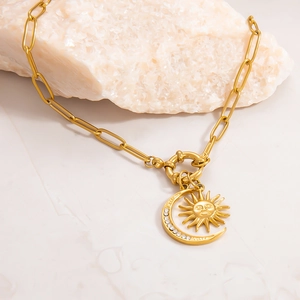 18k gold plated stainless steel paperclip necklace with sun and moon pendant