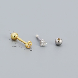 S925 sterling silver heart screw stud earrings set in gold and silver with dimensions