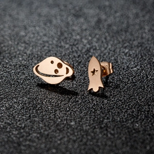 Asymmetric stainless steel spacecraft and planet stud earrings in elegant rose gold