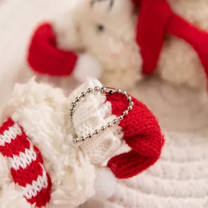 Christmas scarf bear plush keychain with red and white knit fabric and metal ball chain