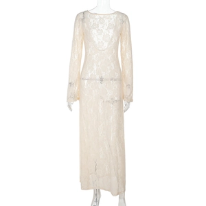 Detail of sheer lace maxi dress featuring intricate floral rose patterns and long sleeves