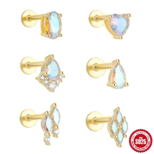 Moonstone Cartilage Stud Earring 925 Sterling Silver Flat Back Threaded Piercing Jewelry Heart Teardrop Zirconia Dainty