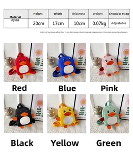 Size chart and color options for the cartoon duck toddler nylon backpack