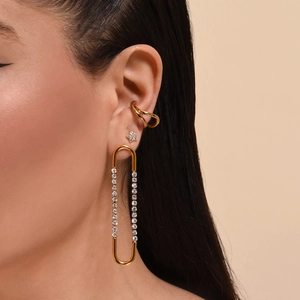 Elegant U Shaped Tassel Stud Earrings 18K Gold Plated Stainless Steel Sparkling Zircon Fringe Jewelry For Women