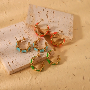 Stainless Steel 18K Gold Plated C-Shape Hoop Earrings With Bamboo Joint Texture Colorful Enamel For Women INS Style