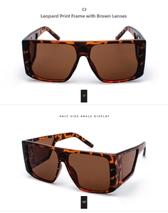 Detail view of square leopard print tortoiseshell sunglasses with brown lenses in color C3