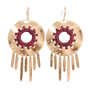 Golden geometric hollow earrings with dark red cord knots and hanging metal tassels