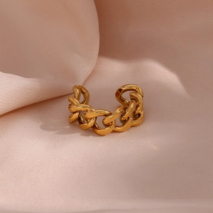Minimalist Stainless Steel Gold Plated Cuban Link Woven Open Ring Adjustable Woven Geometric Finger Ring For Women Fashion Jewelry