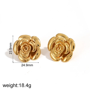Detailed view of 18k gold rose earrings with size 23.9mm and 18.4g weight specs