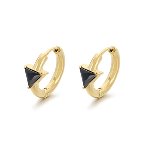 Minimalist 18K gold plated hoop earrings featuring a geometric black triangle stone