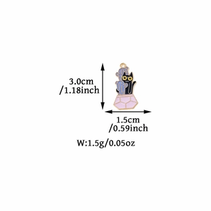 Cartoon black cat with cactus alloy charm pendant showing 3.0cm x 1.5cm dimensions