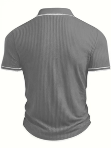 Rear view of grey men's short sleeve polo shirt with vertical texture and white trim