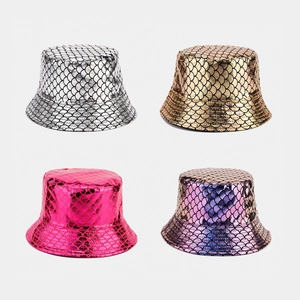 Metallic Mermaid Fish Scale Bucket Hat Double Sided Laser Holographic PU Leather Sun Hat Fashion Outdoor Festival Basin Hat