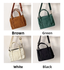 Collage of corduroy Boston bags in brown, green, white, and black with strap details