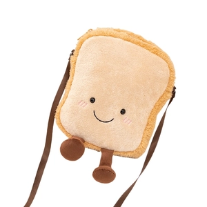 Sac à bandoulière peluche croissant pour enfants avec visage toast et sangle brune