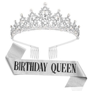 Close-up of sparkling silver BIRTHDAY QUEEN sash and crystal rhinestone crown set