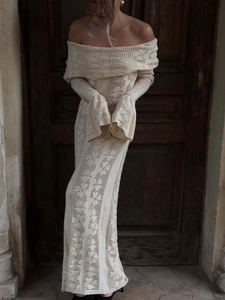 Off Shoulder Maxi Dress Knitted Crochet Hollow Out Long Bell Sleeve Elegant Bodycon Vacation Beach Sexy Spring Women