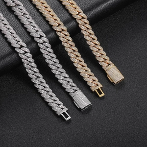 Hip hop silver and gold 10mm double-row zircon Cuban link necklaces on black leather