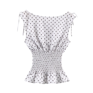 French Retro Polka Dot Print Smocked Waist Tie Shoulder Women Polyester Sleeveless Tank Top Ruffle Hem