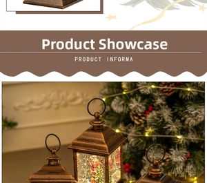Close-up of vintage bronze Christmas lantern featuring a snowman and falling snow decor