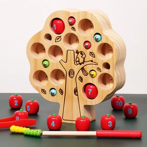 Wooden educational apple counting and bug catching game for kids toddler sensory training
