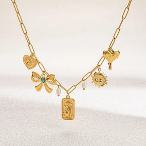 18K gold plated stainless steel sun flower tarot card necklace with diverse charm pendants