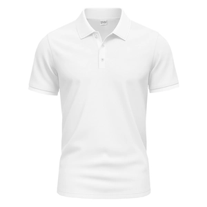 Detail of white men's polo shirt showing M size and 100% polyester tag on the inner collar