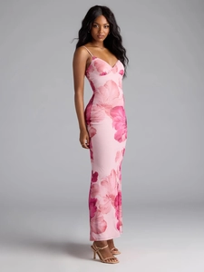 Close-up of pink floral maxi dress featuring a V-neckline and delicate spaghetti straps