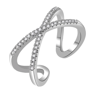 Silver criss-cross open ring with micro-paved cubic zirconia in a minimalist style