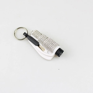 Mini white emergency window breaker and seatbelt cutter keychain with rhinestone diamond strips