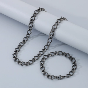 Detailed view of dark gray stainless steel twisted chain necklace and bracelet set