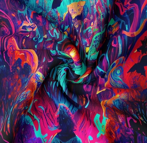 Close-up of psychedelic mushroom tapestry fabric with vibrant neon fluid swirl patterns